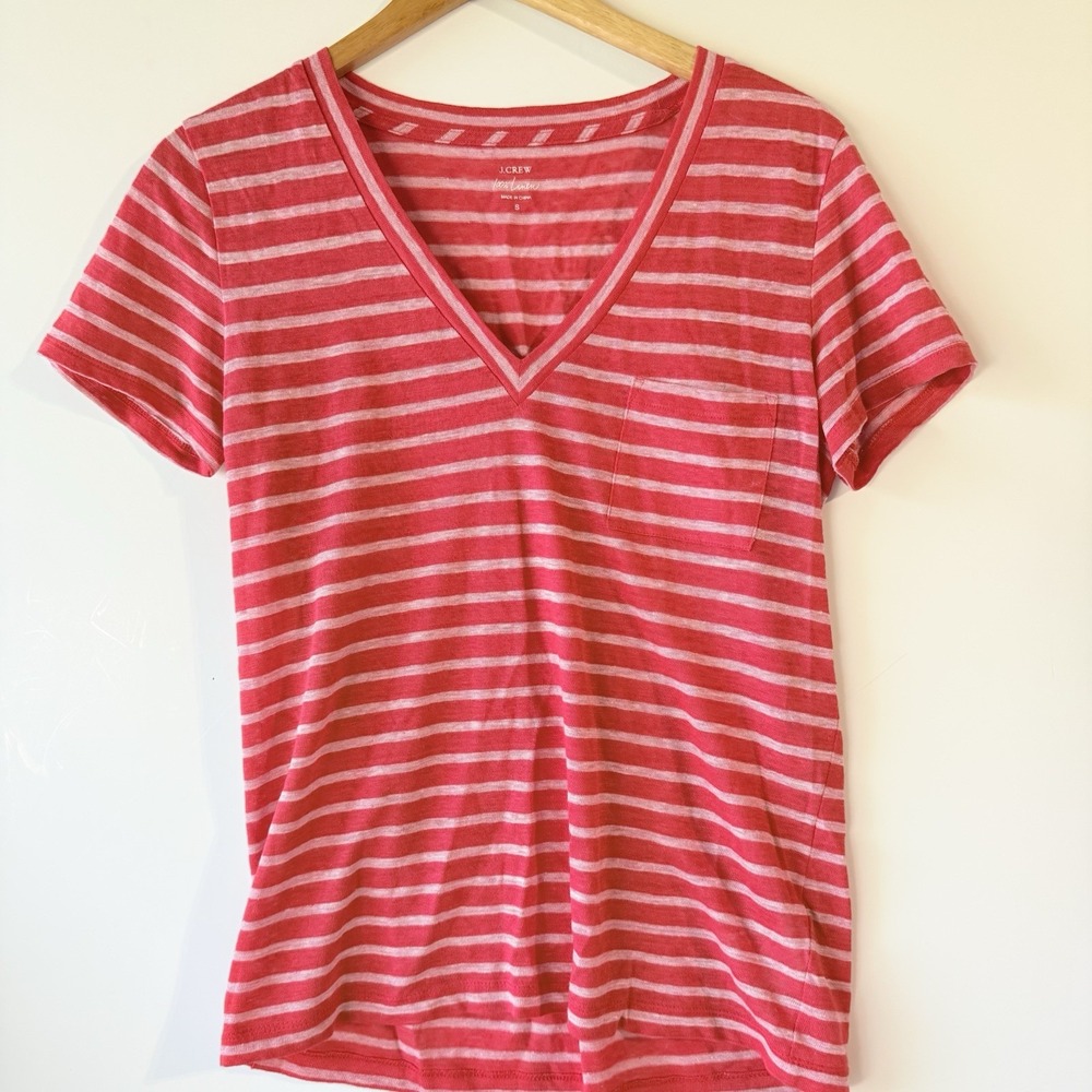 J. Crew Love Linen Red/Pink Striped T-Shirt Womens small V neck short sleeve